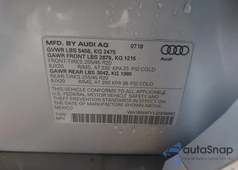 2018 Audi Q5 2.0T Premium/2.0T Tech Premium из США, поврежденный, VIN WA1BNAFY1J2224892